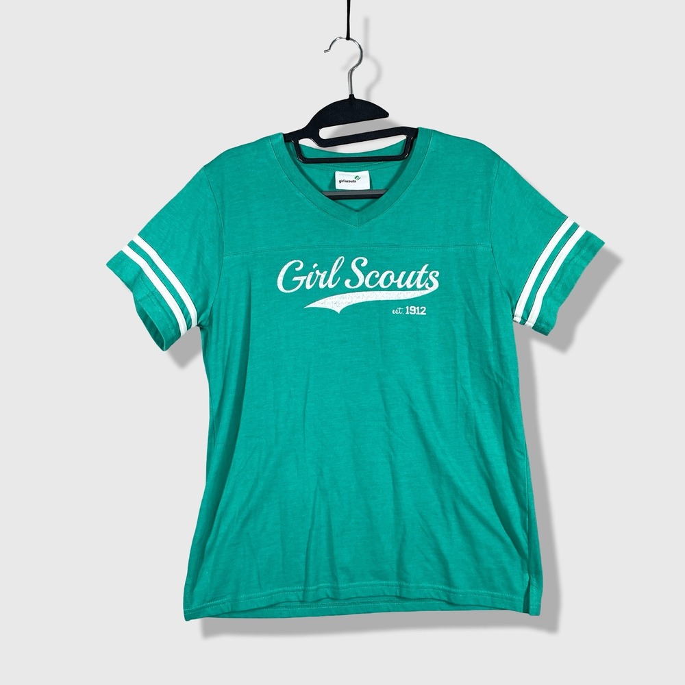 Girl Scouts V-Neck T-Shirt Women Size L Green Sporty Retro Collegiate 14330